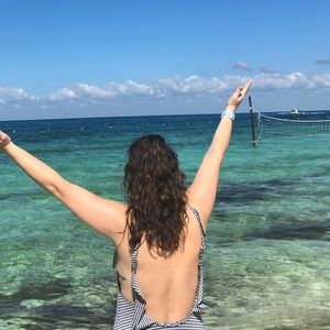 Aerie L ruffle striped one piece